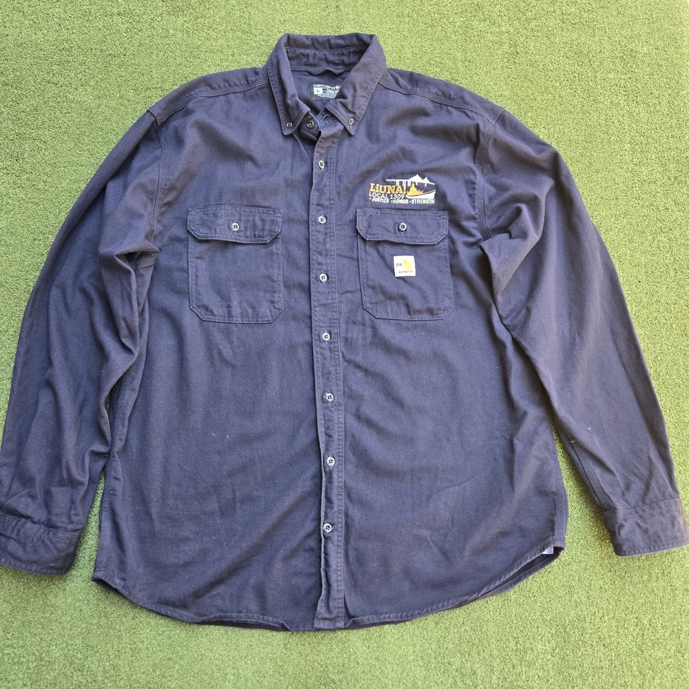 Carhartt FR Shirt Men's XL Navy Blue loose Fit Long Sleeve Liuna Logo - Picture 1 of 11